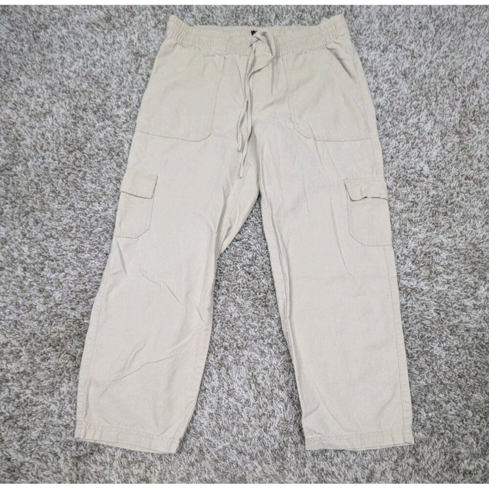 J Crew Crop Cargo Pants Women's Size 6 Beige Linen Cotton Elastic Waist Cropped